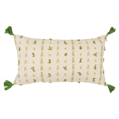 Green Beige Tribal Inspired Tasseled Lumbar Pillow FurniFindUSA