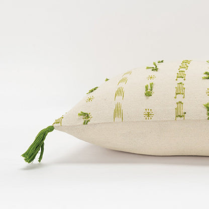 Green Beige Tribal Inspired Tasseled Lumbar Pillow FurniFindUSA
