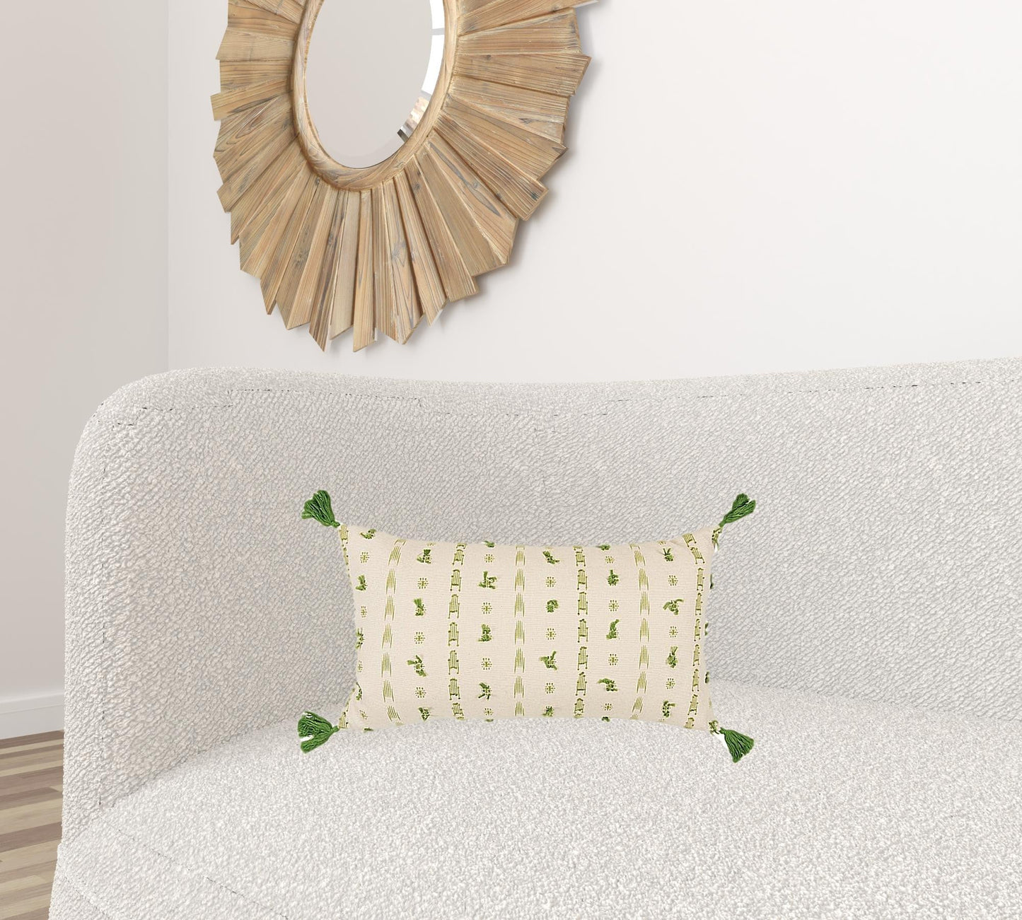 Green Beige Tribal Inspired Tasseled Lumbar Pillow FurniFindUSA
