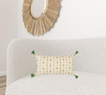 Green Beige Tribal Inspired Tasseled Lumbar Pillow FurniFindUSA