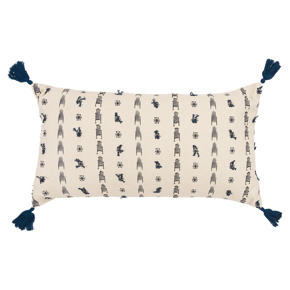 Blue Beige Tribal Inspired Tasseled Lumbar Pillow FurniFindUSA