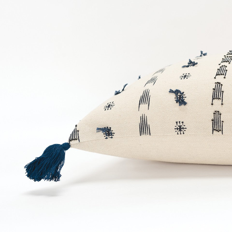 Blue Beige Tribal Inspired Tasseled Lumbar Pillow FurniFindUSA