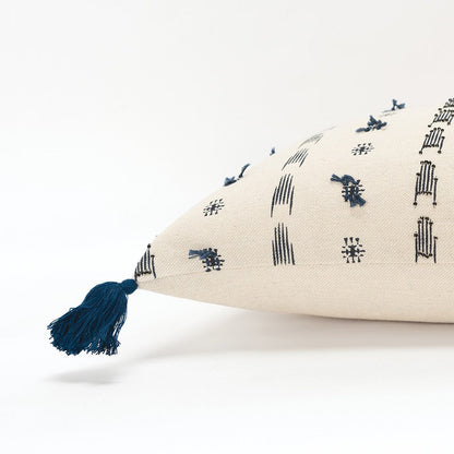 Blue Beige Tribal Inspired Tasseled Lumbar Pillow FurniFindUSA