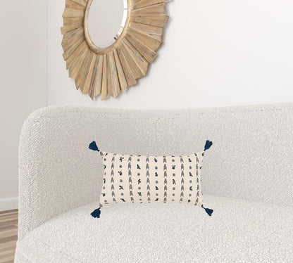 Blue Beige Tribal Inspired Tasseled Lumbar Pillow FurniFindUSA