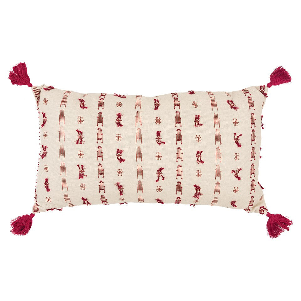 Red Beige Tribal Inspired Tasseled Lumbar Pillow FurniFindUSA