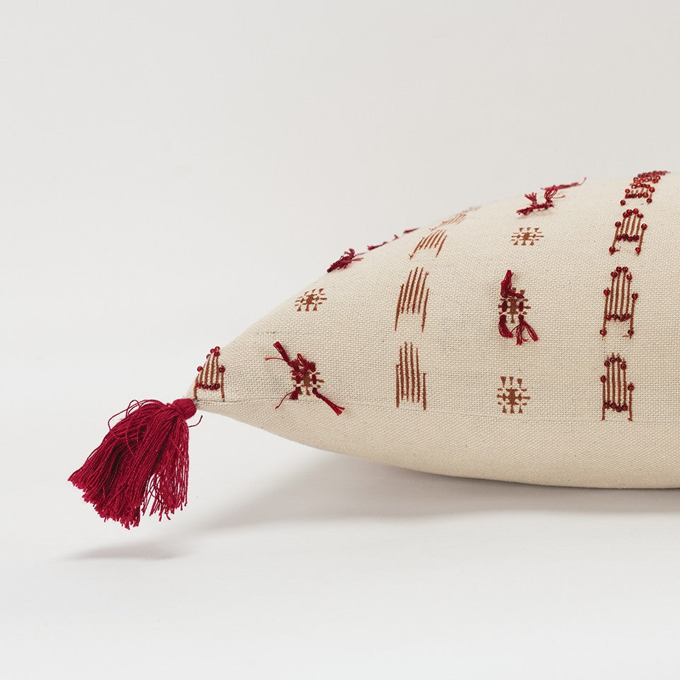 Red Beige Tribal Inspired Tasseled Lumbar Pillow FurniFindUSA