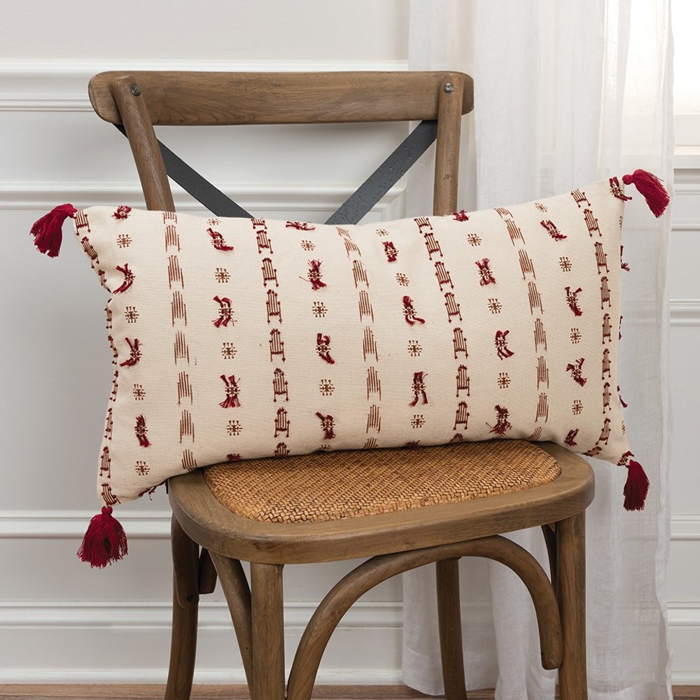 Red Beige Tribal Inspired Tasseled Lumbar Pillow HomeRoots