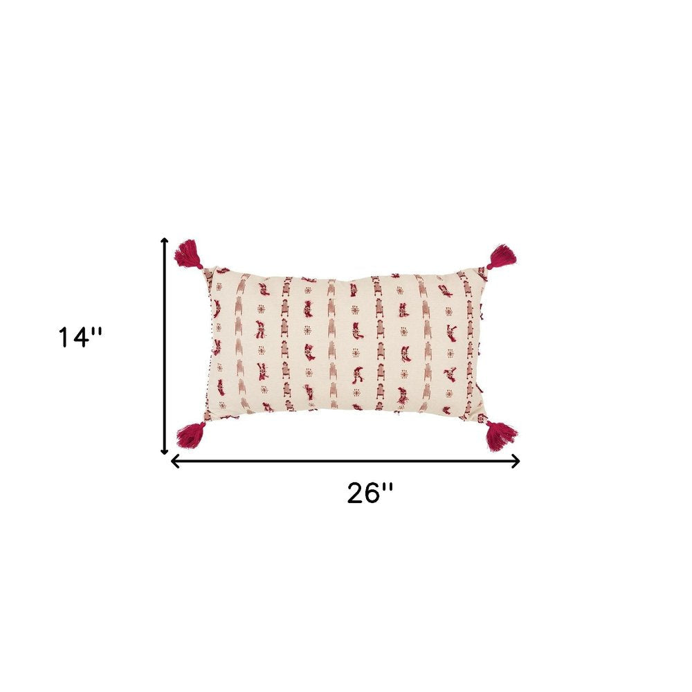Red Beige Tribal Inspired Tasseled Lumbar Pillow HomeRoots