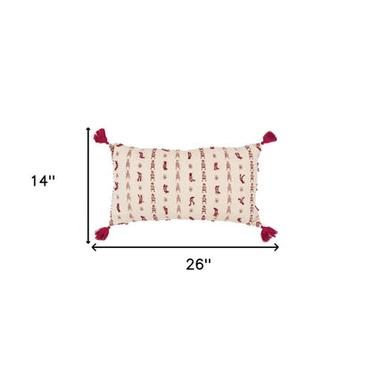 Red Beige Tribal Inspired Tasseled Lumbar Pillow HomeRoots