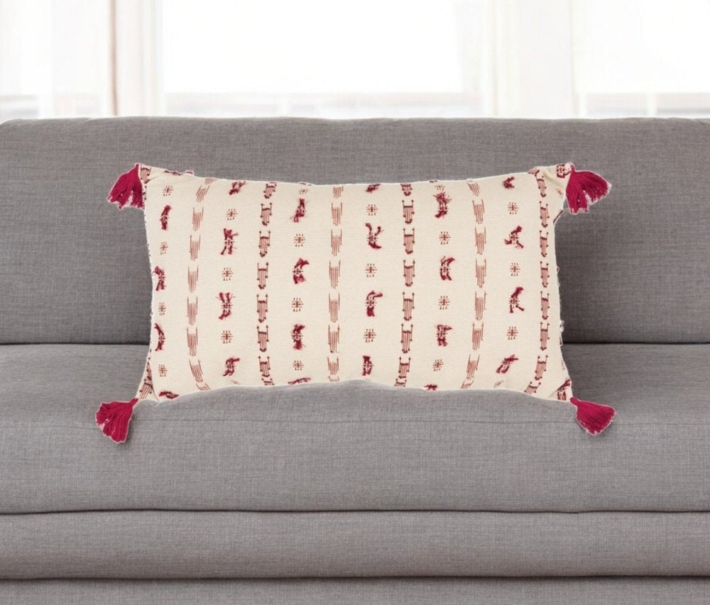 Red Beige Tribal Inspired Tasseled Lumbar Pillow HomeRoots