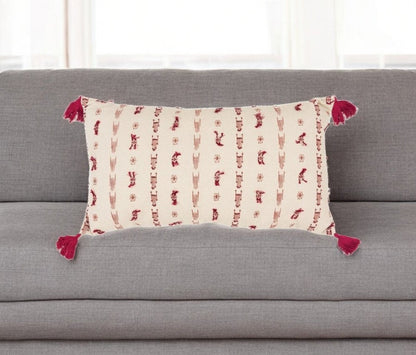 Red Beige Tribal Inspired Tasseled Lumbar Pillow HomeRoots
