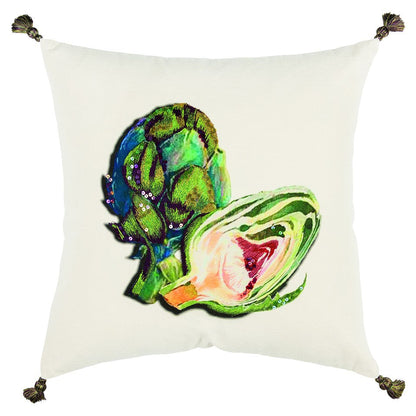 White Green Embroidered Artichoke Throw Pillow FurniFindUSA