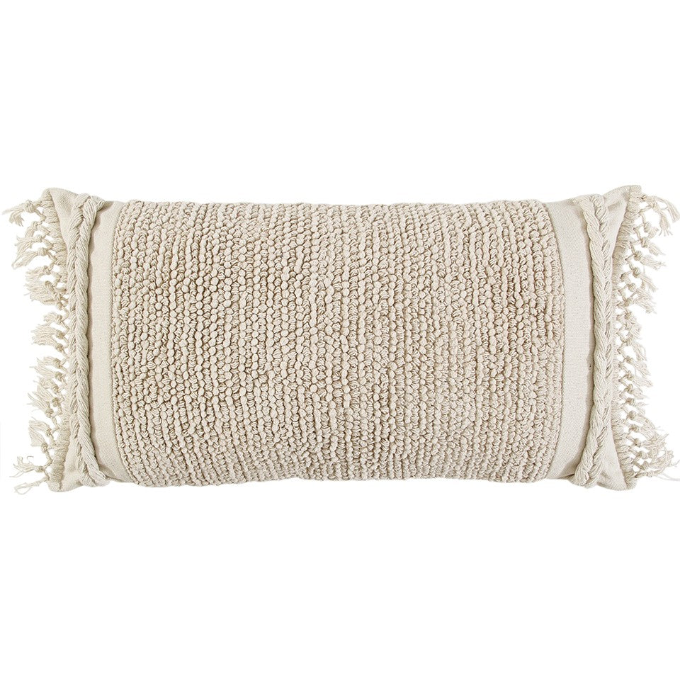 Ivory Braided Stripe Macrame Fringe Lumbar Pillow FurniFindUSA