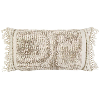Ivory Braided Stripe Macrame Fringe Lumbar Pillow FurniFindUSA