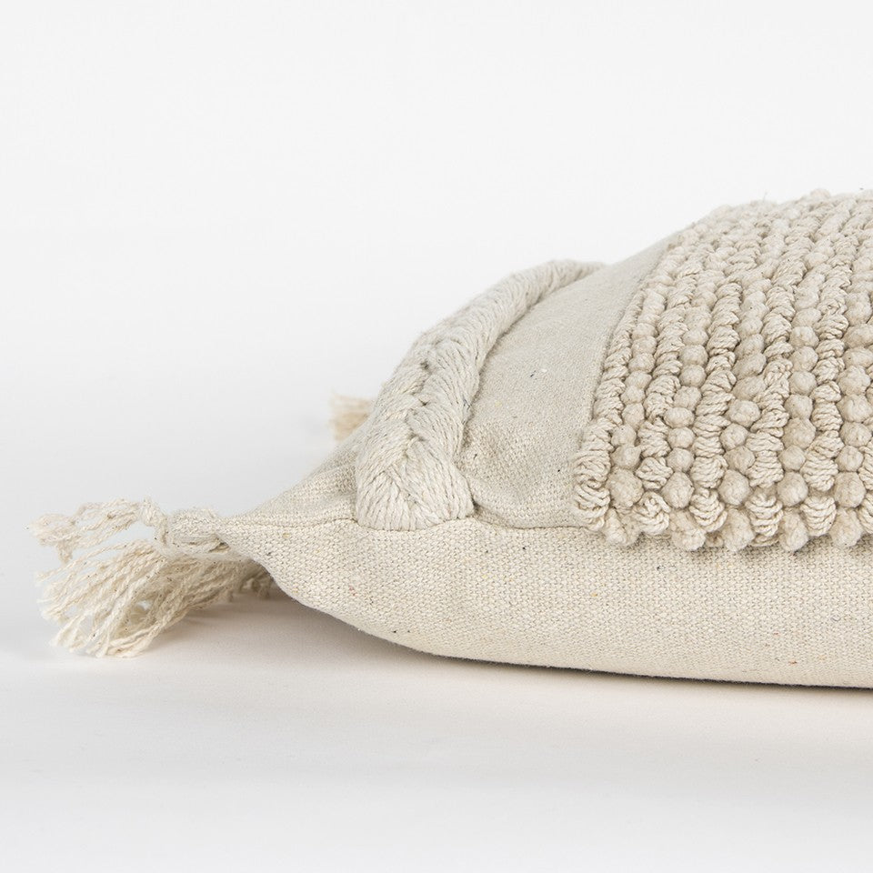 Ivory Braided Stripe Macrame Fringe Lumbar Pillow FurniFindUSA