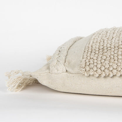 Ivory Braided Stripe Macrame Fringe Lumbar Pillow FurniFindUSA