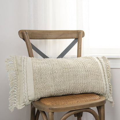 Ivory Braided Stripe Macrame Fringe Lumbar Pillow HomeRoots