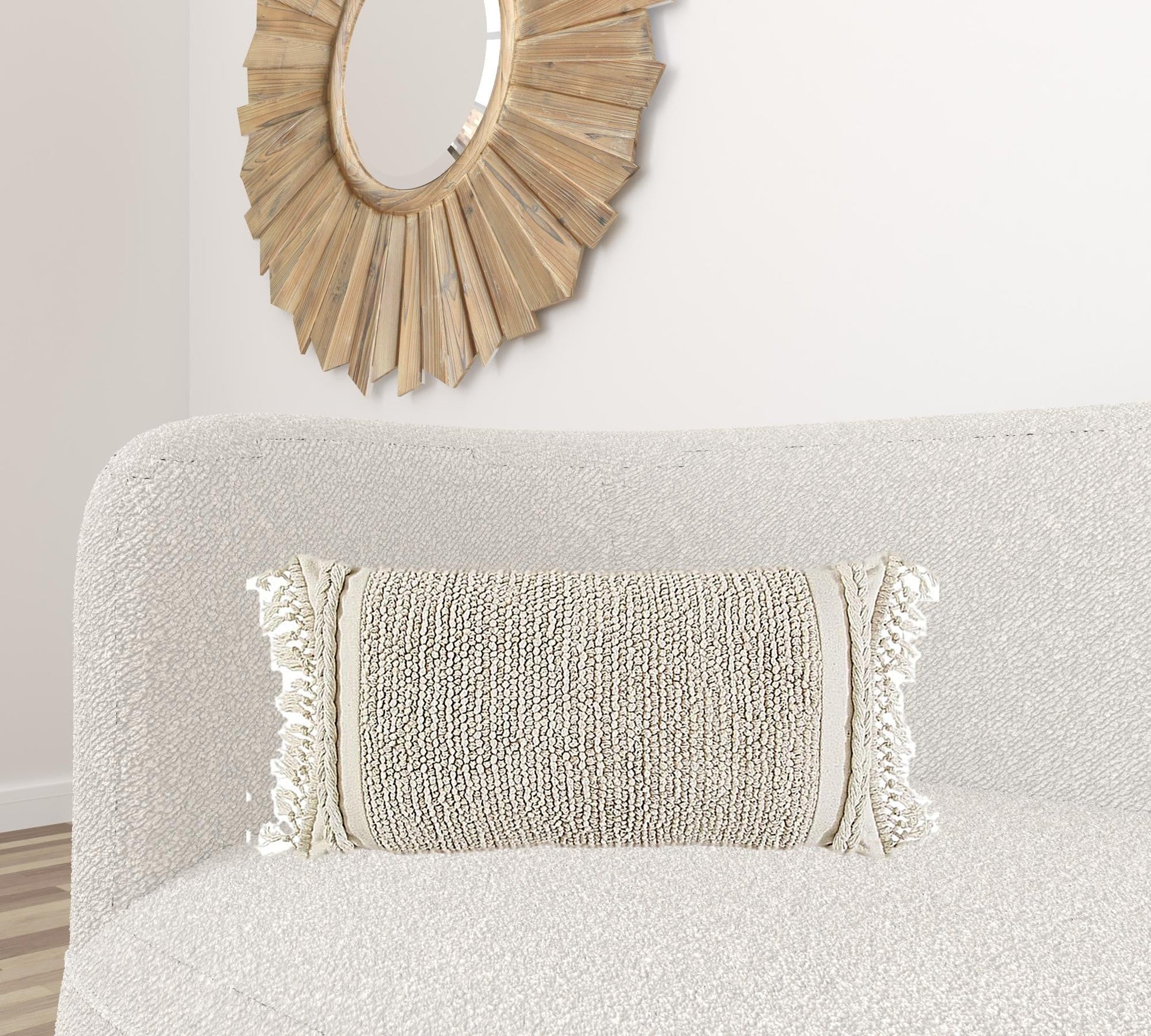 Ivory Braided Stripe Macrame Fringe Lumbar Pillow FurniFindUSA