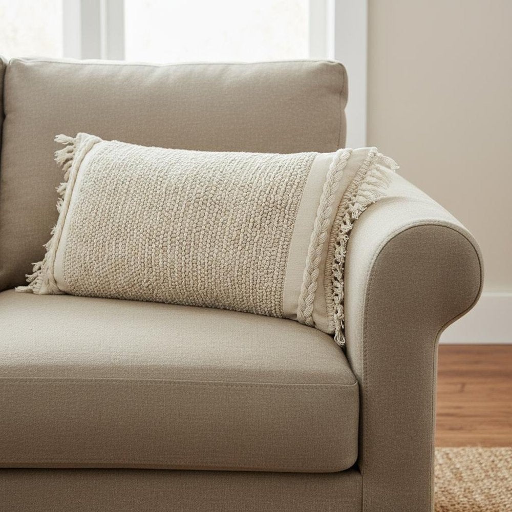 Ivory Braided Stripe Macrame Fringe Lumbar Pillow HomeRoots