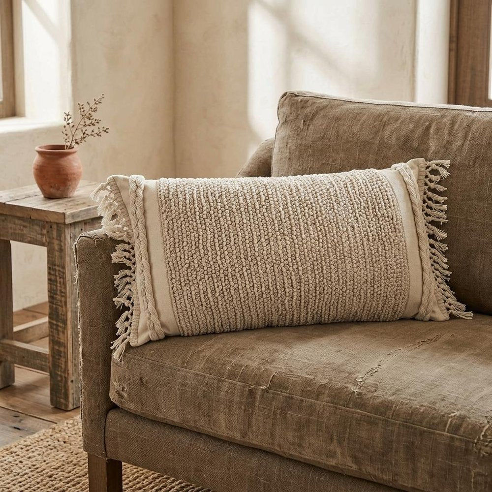 Ivory Braided Stripe Macrame Fringe Lumbar Pillow HomeRoots