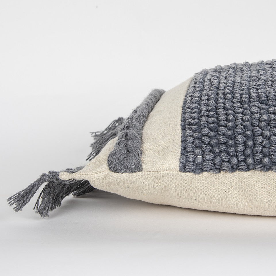 Gray Braided Stripe Macrame Fringe Lumbar Pillow FurniFindUSA