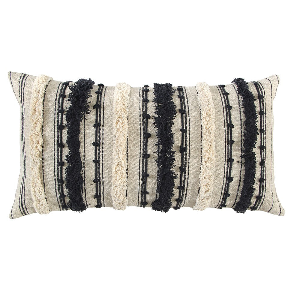 Beige Black Eyelash Fringe Textured Lumbar Pillow FurniFindUSA