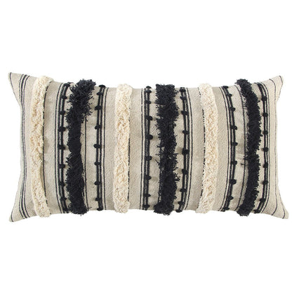 Beige Black Eyelash Fringe Textured Lumbar Pillow FurniFindUSA