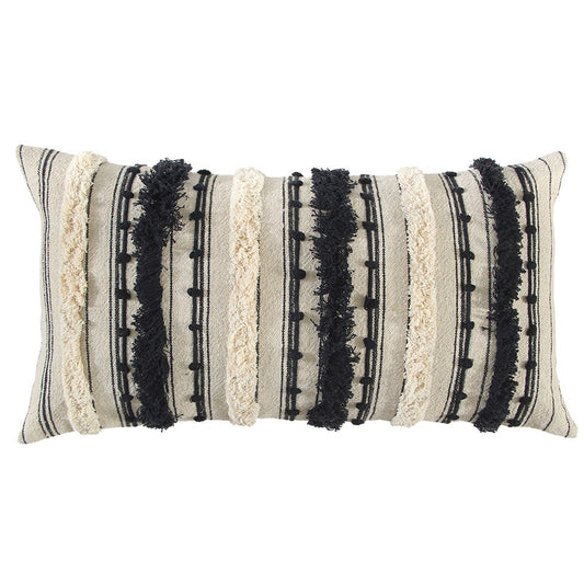 Beige Black Eyelash Fringe Textured Lumbar Pillow FurniFindUSA