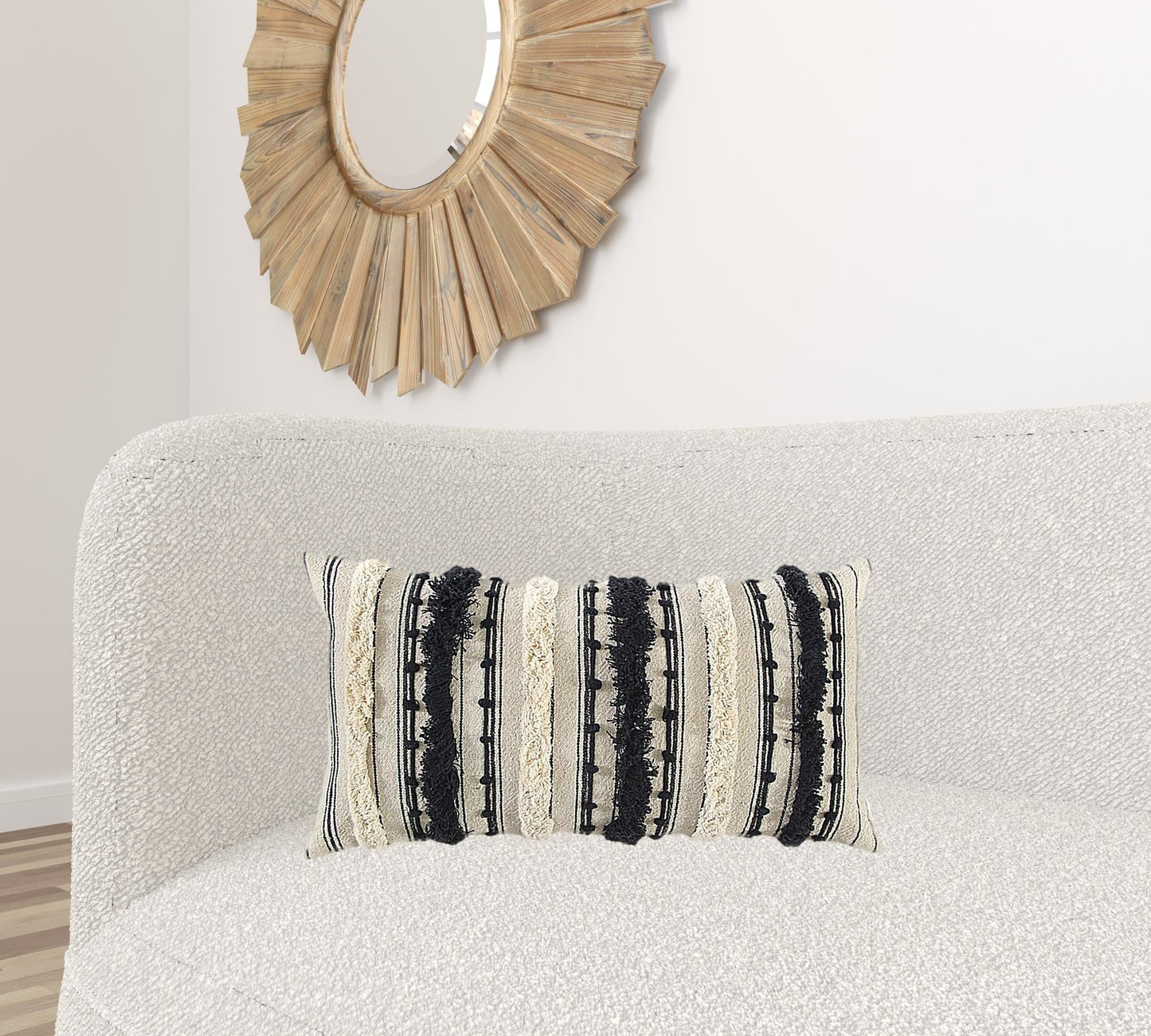 Beige Black Eyelash Fringe Textured Lumbar Pillow FurniFindUSA