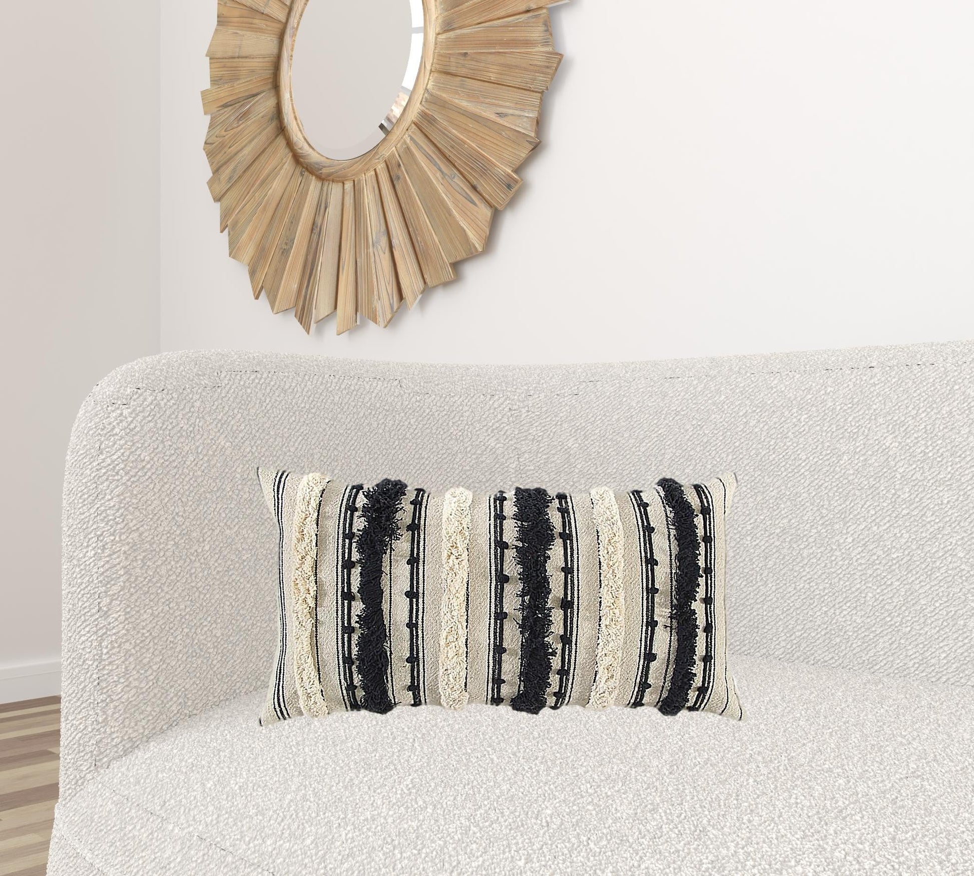 Beige Black Eyelash Fringe Textured Lumbar Pillow FurniFindUSA
