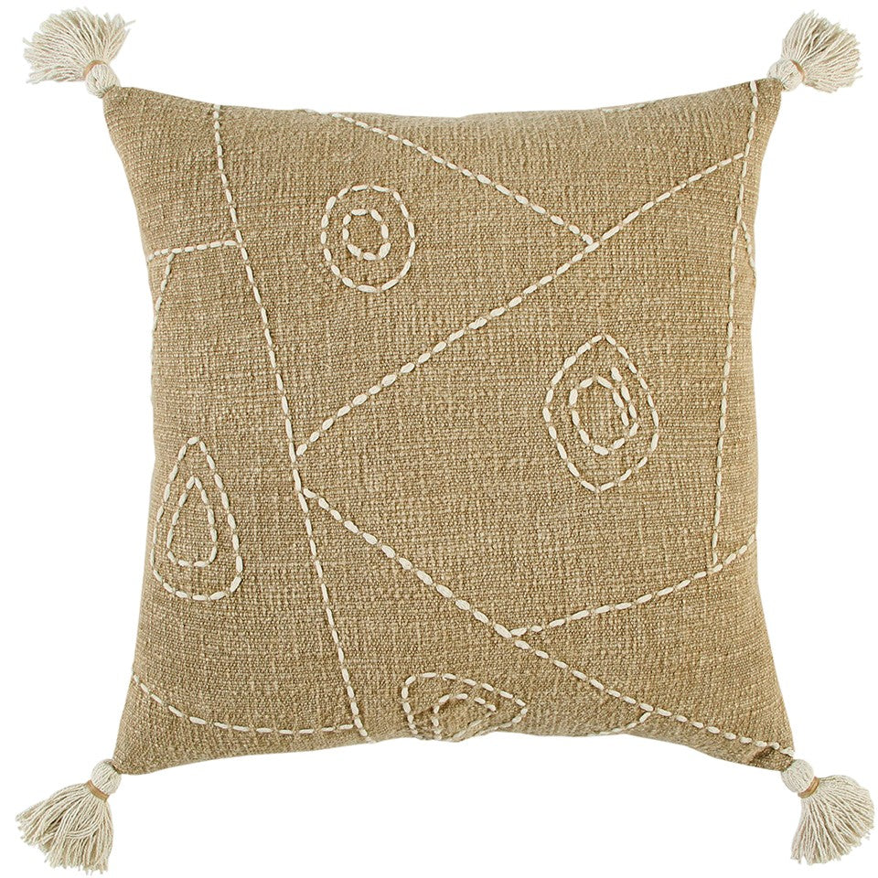 Khaki Cream Kantha Stitch Tasseled Throw Pillow FurniFindUSA