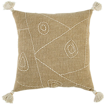 Khaki Cream Kantha Stitch Tasseled Throw Pillow FurniFindUSA