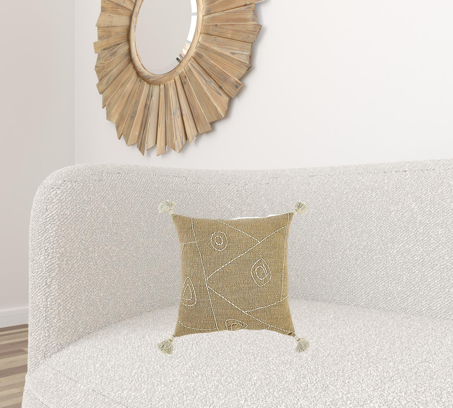 Khaki Cream Kantha Stitch Tasseled Throw Pillow FurniFindUSA