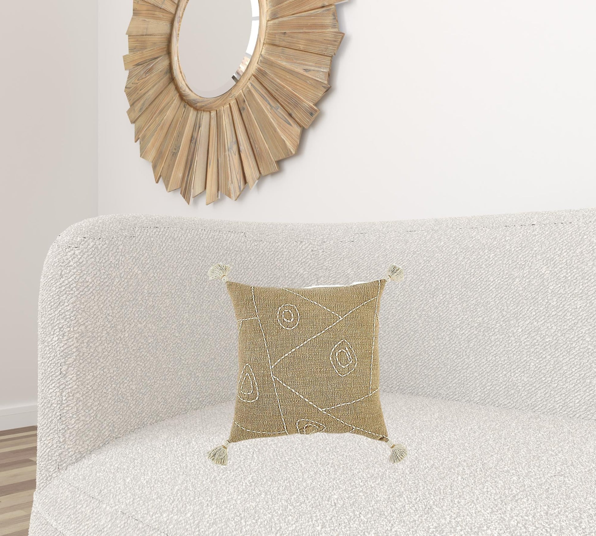 Khaki Cream Kantha Stitch Tasseled Throw Pillow FurniFindUSA