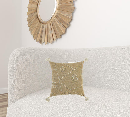 Khaki Cream Kantha Stitch Tasseled Throw Pillow FurniFindUSA