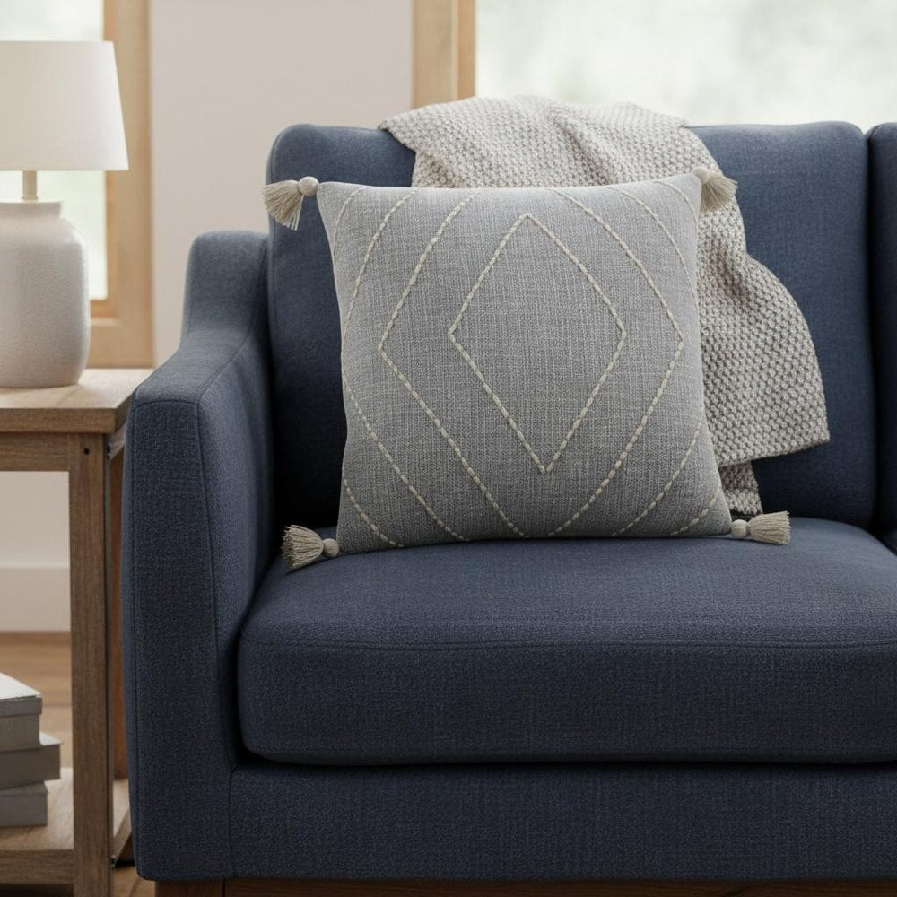 Gray White Diamond Kantha Stitched Throw Pillow — view 7