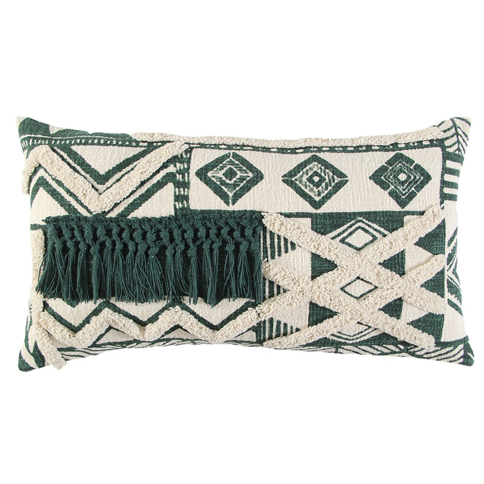 Ivory Green Geometric Boho Chic Lumbar Pillow FurniFindUSA