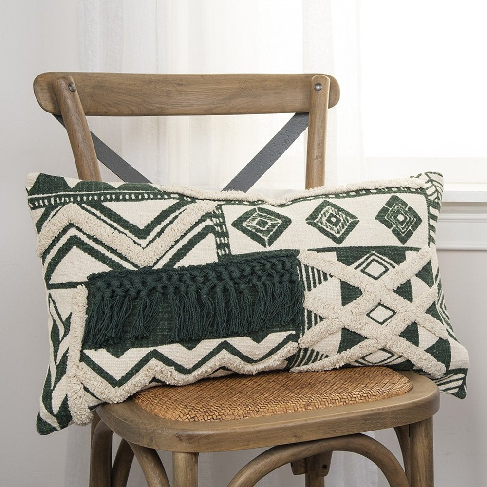 Ivory Green Geometric Boho Chic Lumbar Pillow — view 5