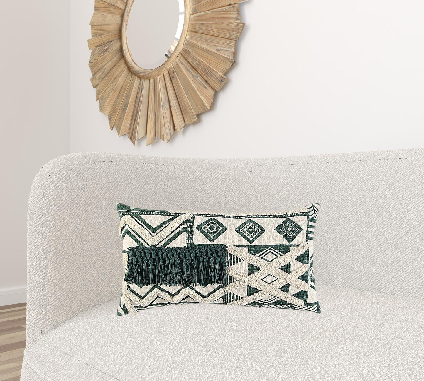 Ivory Green Geometric Boho Chic Lumbar Pillow FurniFindUSA