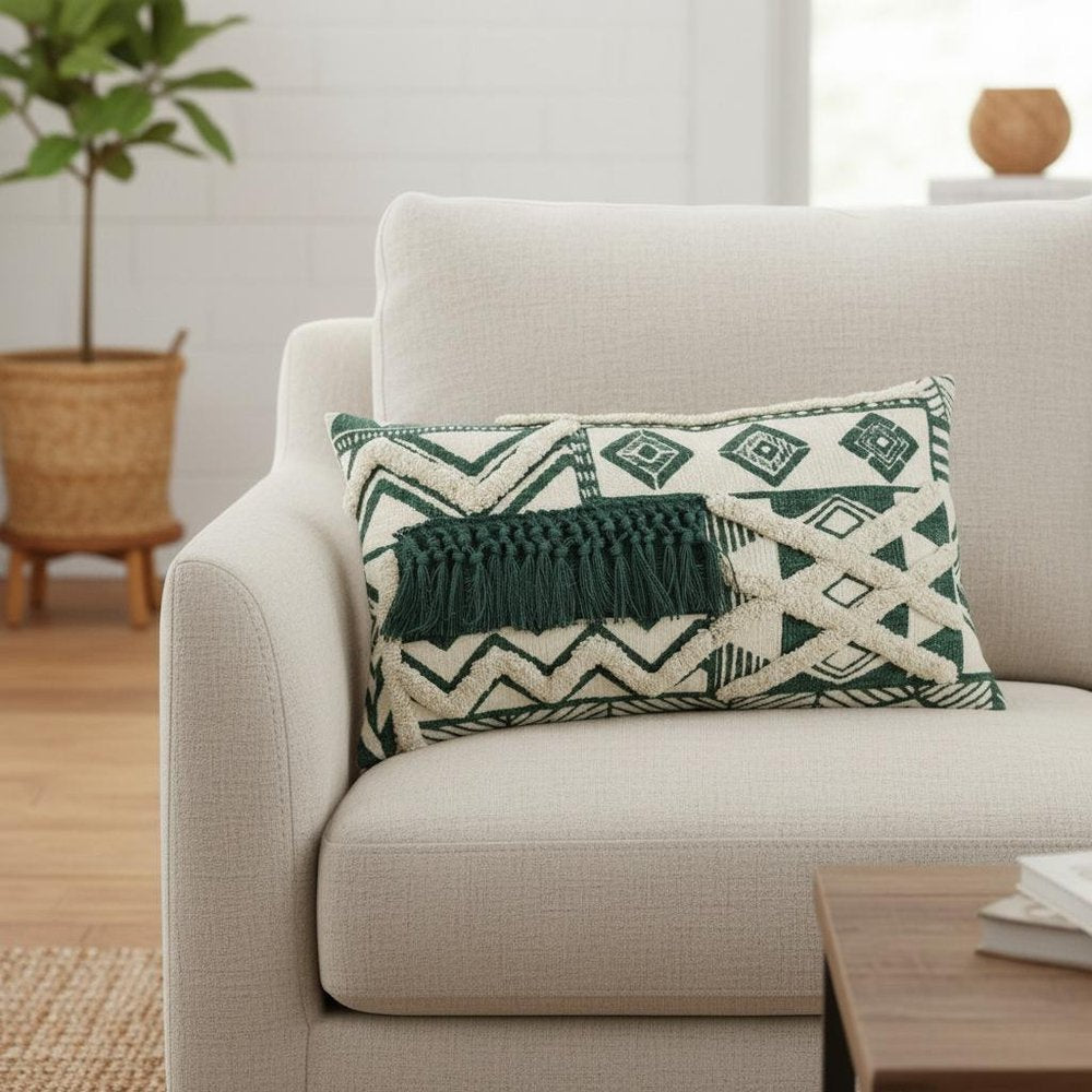 Ivory Green Geometric Boho Chic Lumbar Pillow — view 7