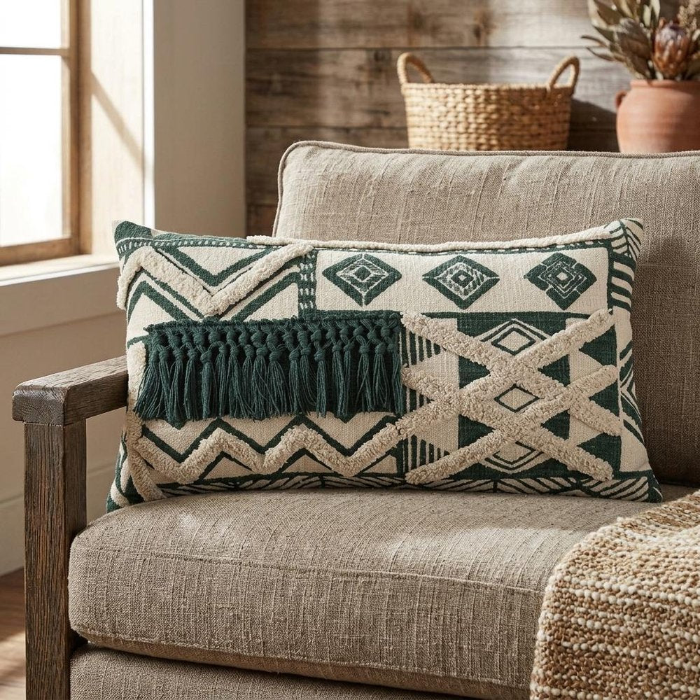 Ivory Green Geometric Boho Chic Lumbar Pillow — view 8