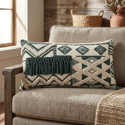 Ivory Green Geometric Boho Chic Lumbar Pillow HomeRoots
