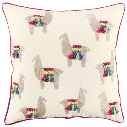 Ivory Fiesta Fun Embroidered Llamas Throw Pillow FurniFindUSA