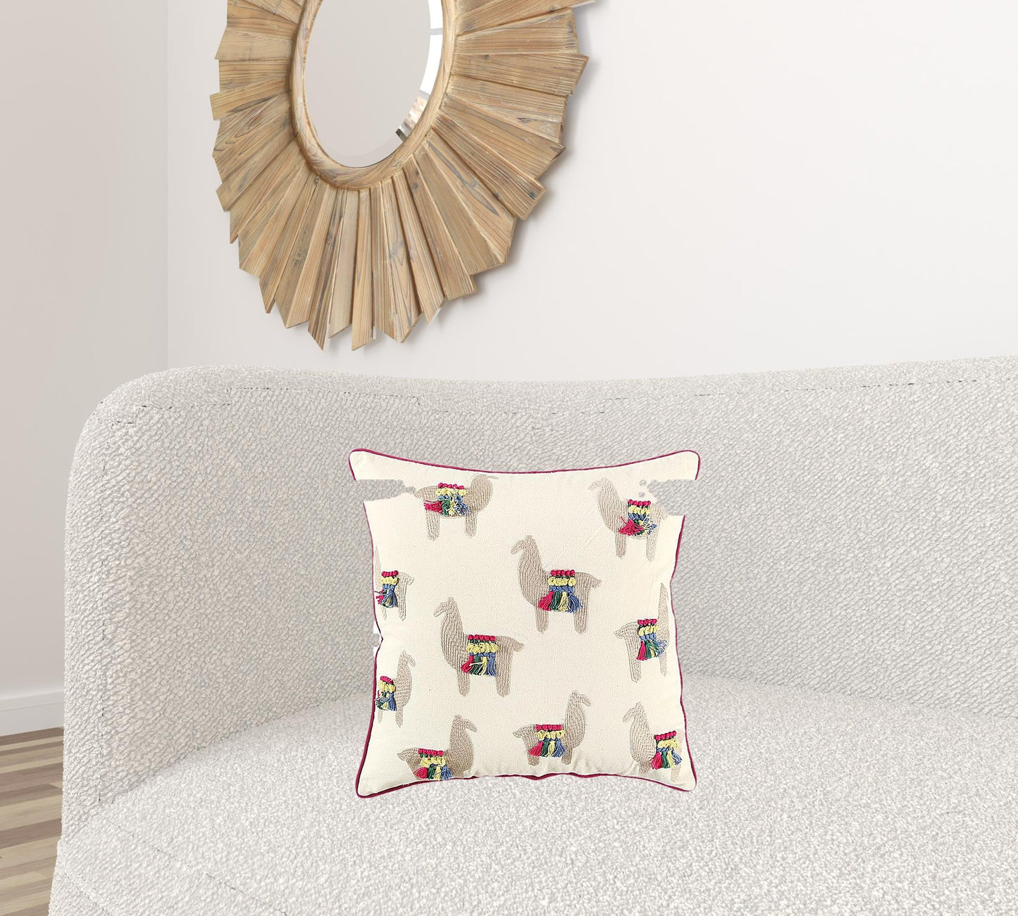 Ivory Fiesta Fun Embroidered Llamas Throw Pillow FurniFindUSA