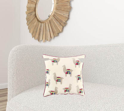 Ivory Fiesta Fun Embroidered Llamas Throw Pillow FurniFindUSA