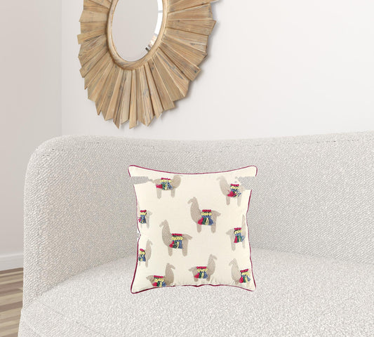 Ivory Fiesta Fun Embroidered Llamas Throw Pillow FurniFindUSA