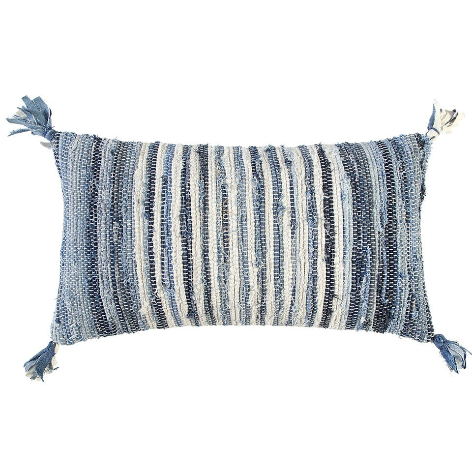 Denim Blue Repurposed Woven Strips Lumbar Pillow FurniFindUSA