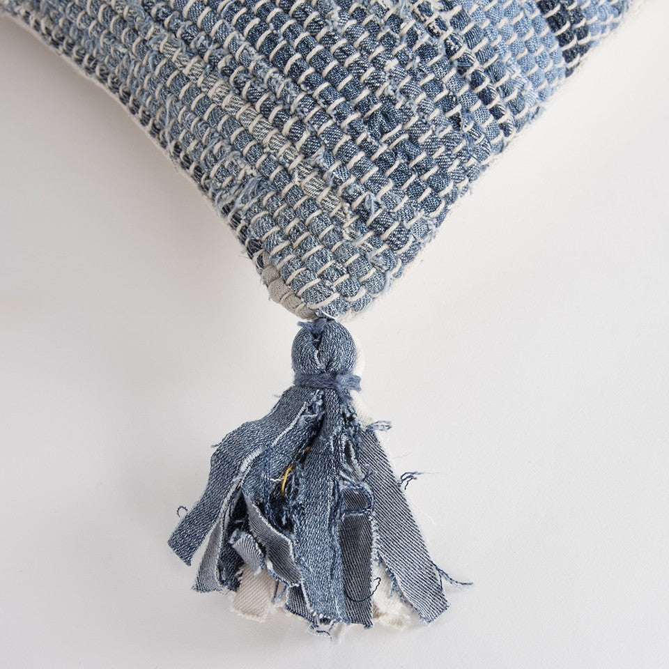 Denim Blue Repurposed Woven Strips Lumbar Pillow FurniFindUSA