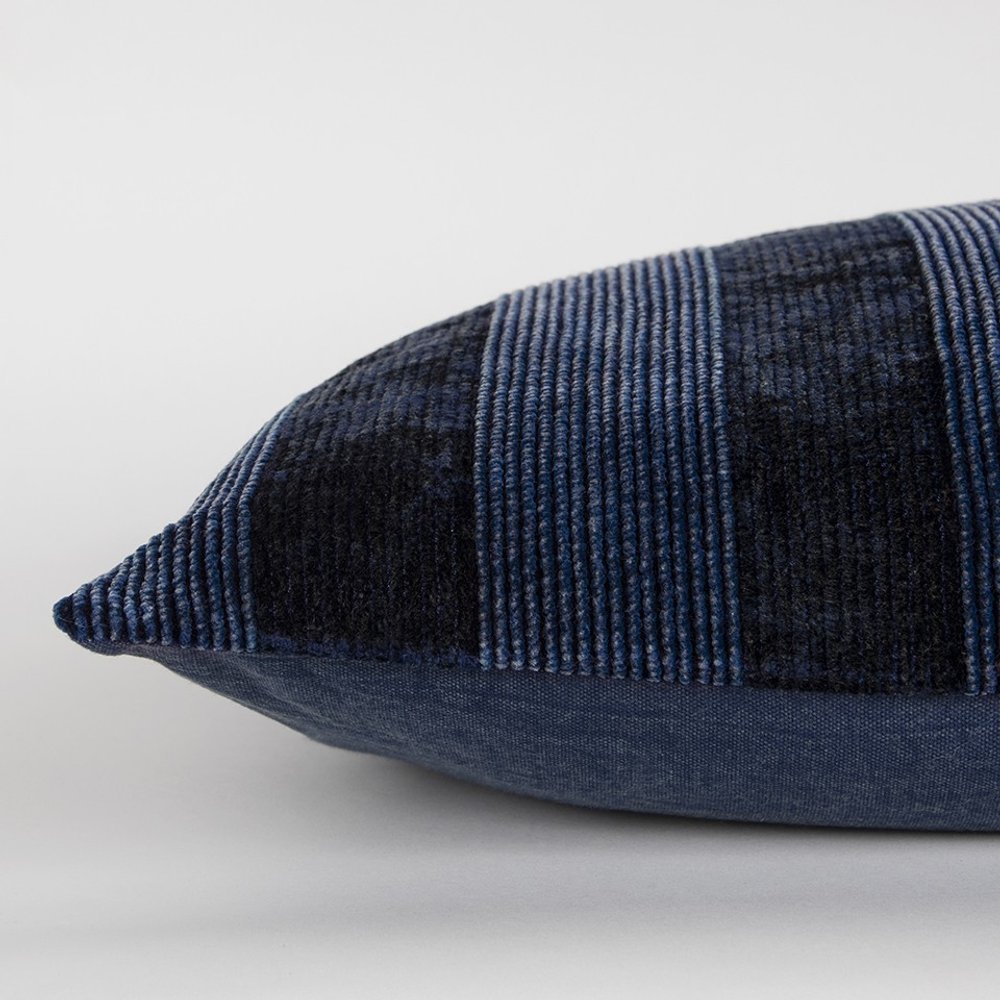 14" X 26" Navy Blue Lumbar Striped Cotton Throw Pillow
