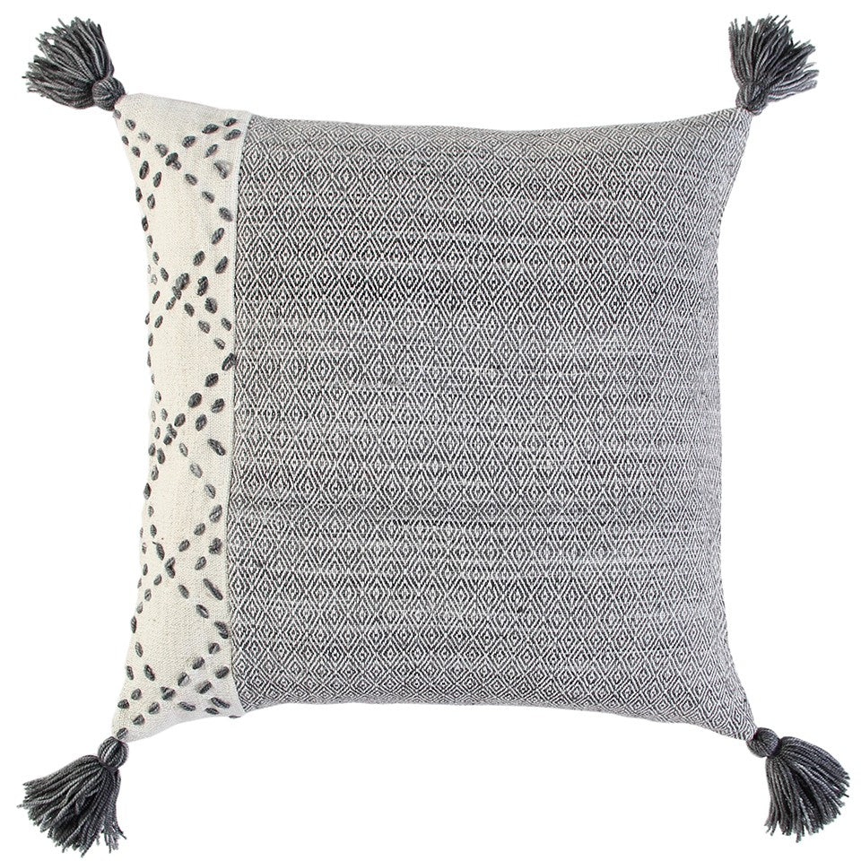 20" Gray and Ivory Herringbone Cotton Throw Pillow With Tassels FurniFindUSA